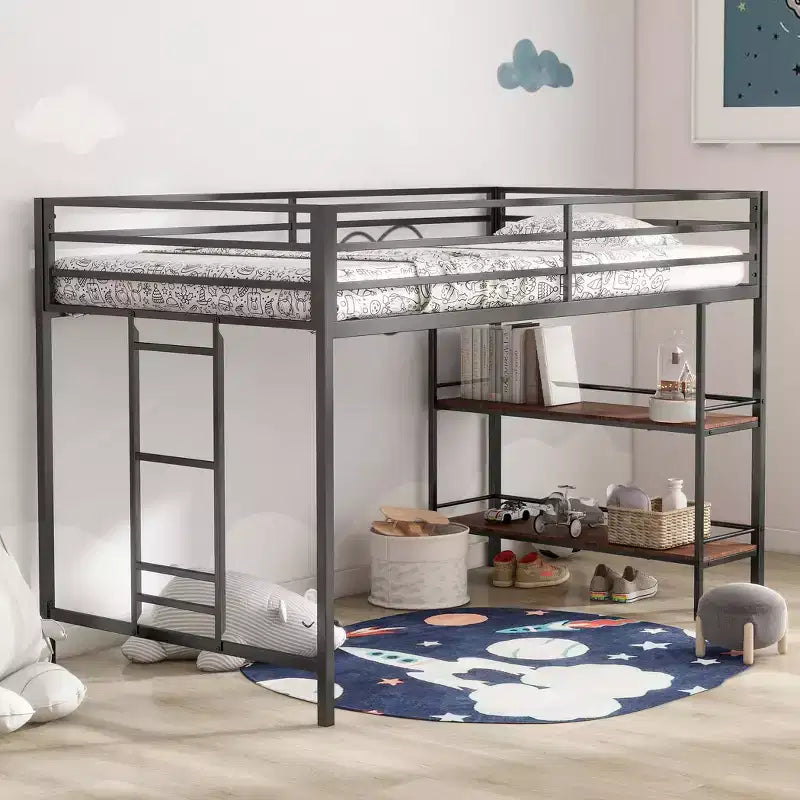 Bellemave Junior Twin Loft Bed with Black Metal Frame, Cinnamon Wood Shelf, Guardrails & Ladder, Space-Saving Kids Bedroom Loft Bed