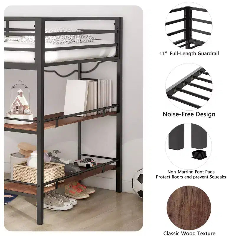 Lit superposé simple Bellemave Junior avec cadre en métal noir, étagère en bois couleur cannelle, barrières de sécurité et échelle, lit superposé pour chambre d'enfant peu encombrant