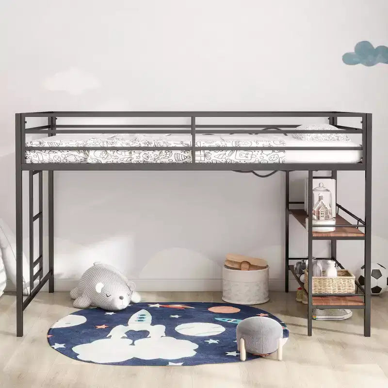 Lit superposé simple Bellemave Junior avec cadre en métal noir, étagère en bois couleur cannelle, barrières de sécurité et échelle, lit superposé pour chambre d'enfant peu encombrant