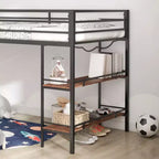 Lit superposé simple Bellemave Junior avec cadre en métal noir, étagère en bois couleur cannelle, barrières de sécurité et échelle, lit superposé pour chambre d'enfant peu encombrant