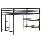 Lit superposé simple Bellemave Junior avec cadre en métal noir, étagère en bois couleur cannelle, barrières de sécurité et échelle, lit superposé pour chambre d'enfant peu encombrant