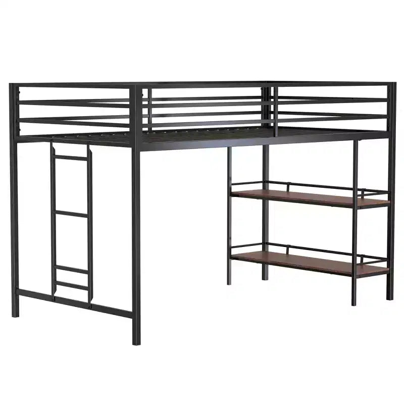 Lit superposé simple Bellemave Junior avec cadre en métal noir, étagère en bois couleur cannelle, barrières de sécurité et échelle, lit superposé pour chambre d'enfant peu encombrant