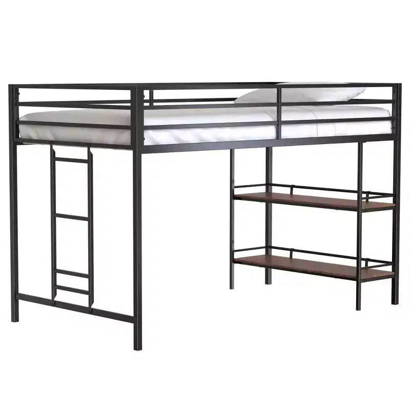 Lit superposé simple Bellemave Junior avec cadre en métal noir, étagère en bois couleur cannelle, barrières de sécurité et échelle, lit superposé pour chambre d'enfant peu encombrant