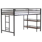 Lit superposé simple Bellemave Junior avec cadre en métal noir, étagère en bois couleur cannelle, barrières de sécurité et échelle, lit superposé pour chambre d'enfant peu encombrant