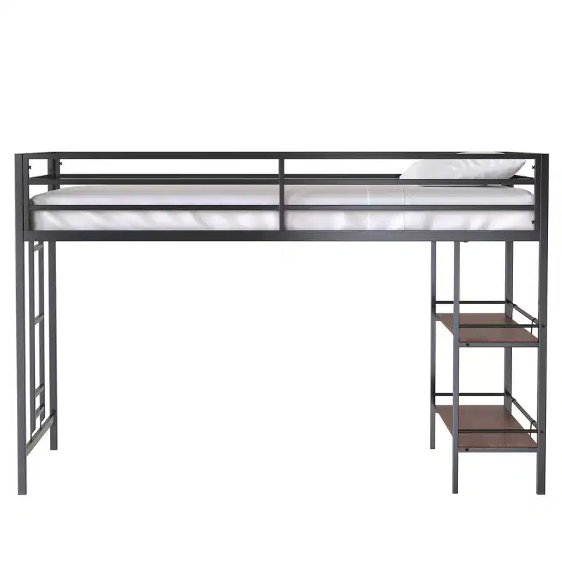 Lit superposé simple Bellemave Junior avec cadre en métal noir, étagère en bois couleur cannelle, barrières de sécurité et échelle, lit superposé pour chambre d'enfant peu encombrant