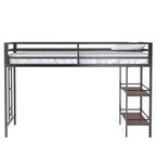 Lit superposé simple Bellemave Junior avec cadre en métal noir, étagère en bois couleur cannelle, barrières de sécurité et échelle, lit superposé pour chambre d'enfant peu encombrant