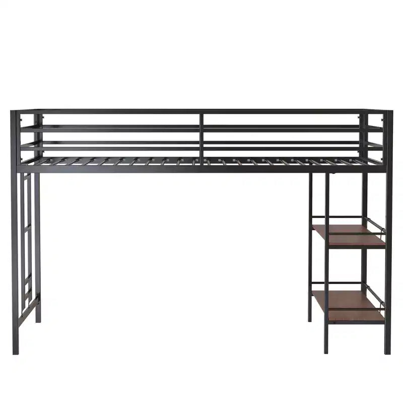 Lit superposé simple Bellemave Junior avec cadre en métal noir, étagère en bois couleur cannelle, barrières de sécurité et échelle, lit superposé pour chambre d'enfant peu encombrant