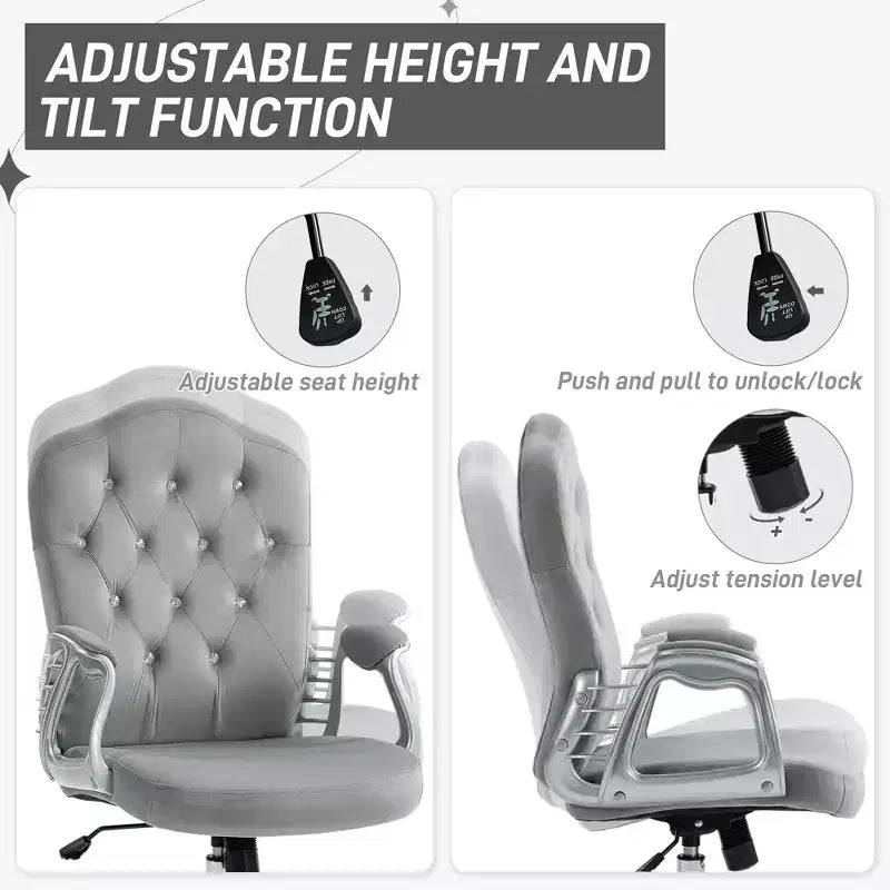 Chaise de bureau en velours avec roulettes pivotantes à 360 degrés, hauteur réglable et fonction d'inclinaison