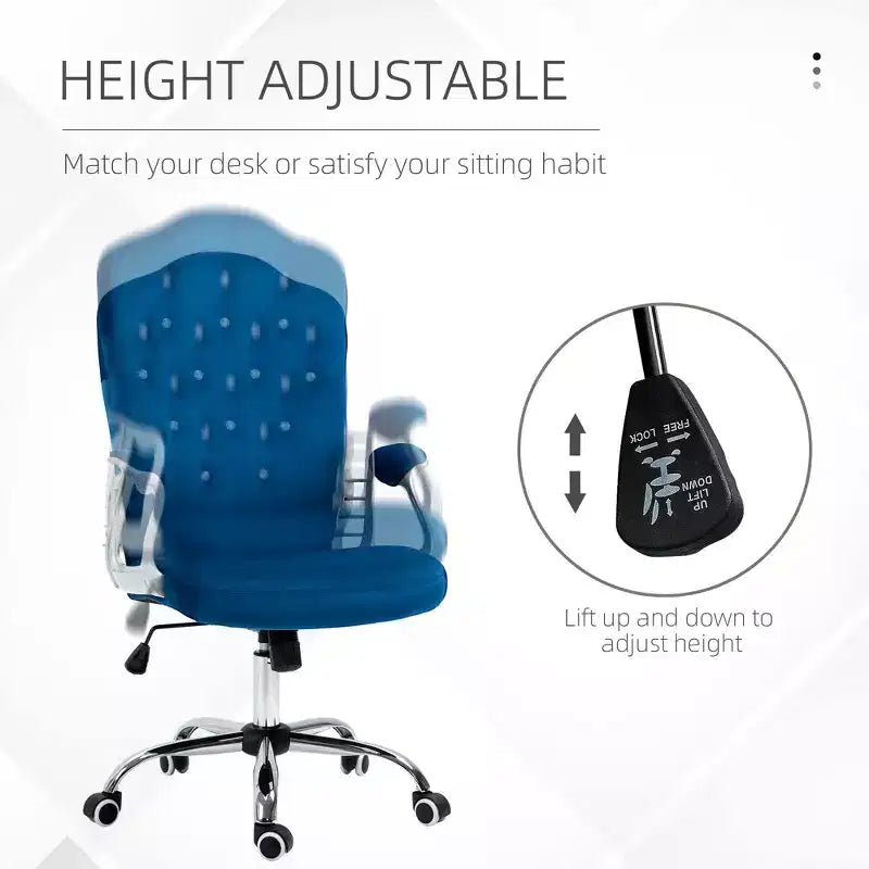 Chaise de bureau en velours avec roulettes pivotantes à 360 degrés, hauteur réglable et fonction d'inclinaison