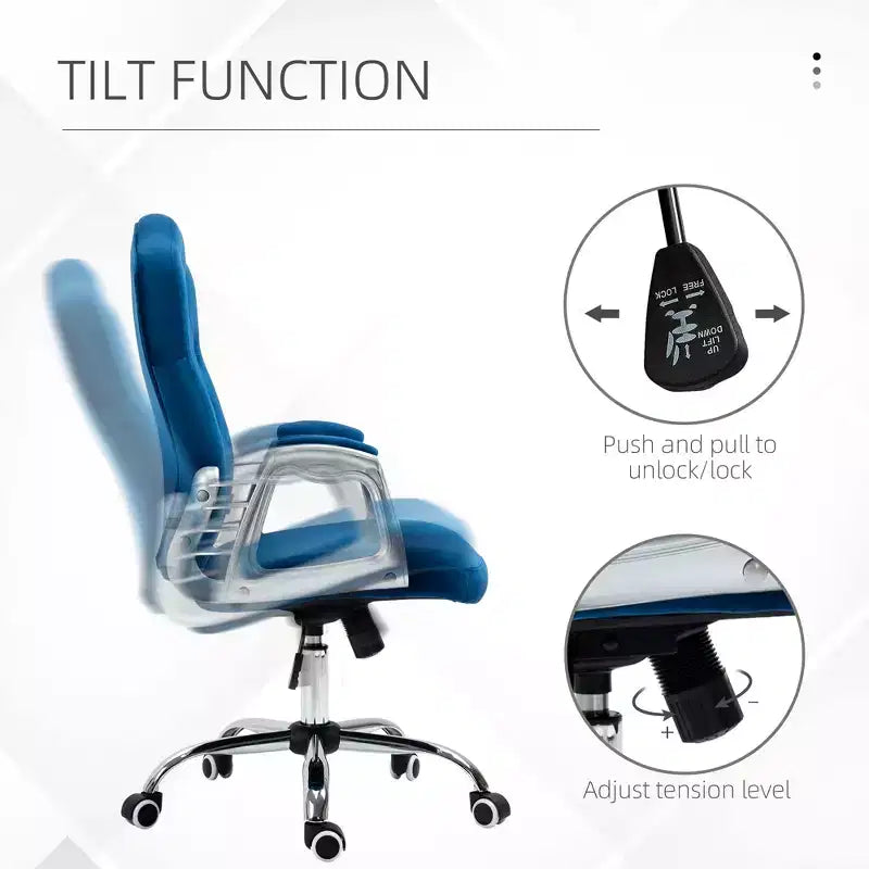 Chaise de bureau en velours avec roulettes pivotantes à 360 degrés, hauteur réglable et fonction d'inclinaison