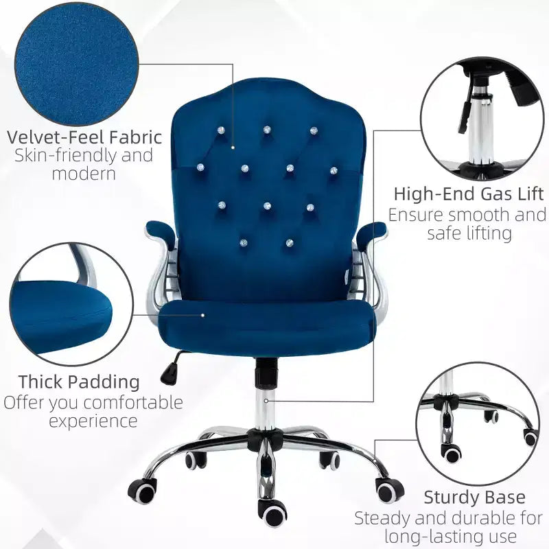 Chaise de bureau en velours avec roulettes pivotantes à 360 degrés, hauteur réglable et fonction d'inclinaison