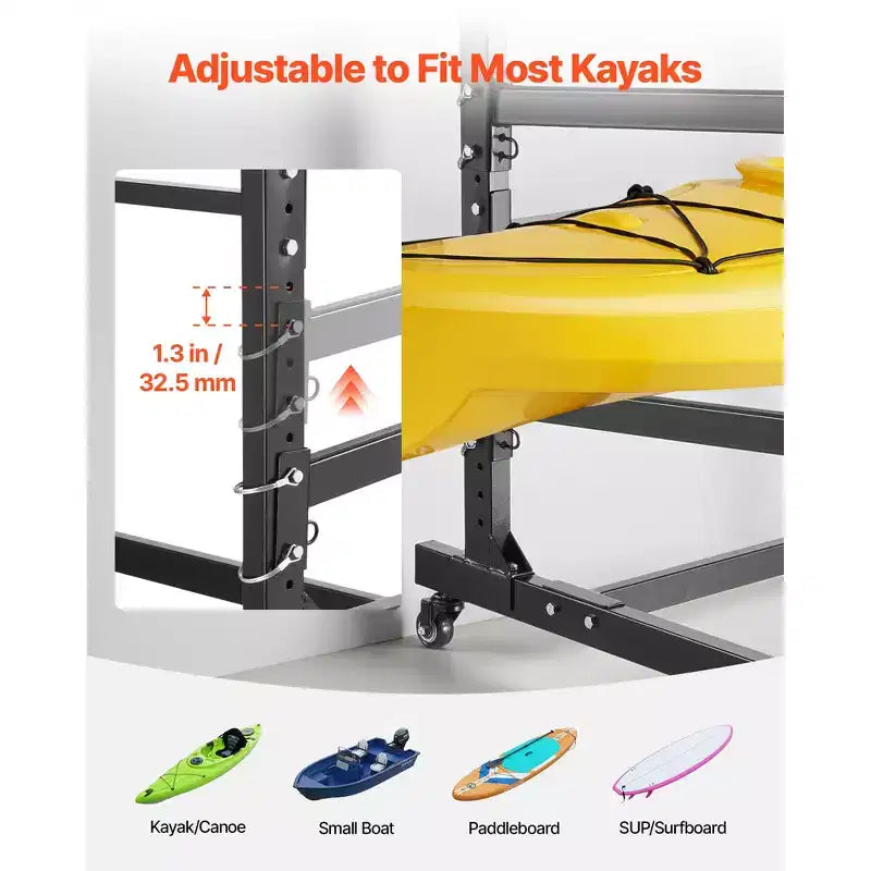 VEVOR Support de rangement pour 2 kayaks, capacité de 79 kg, support autoportant robuste et réglable avec roulettes verrouillables, noir