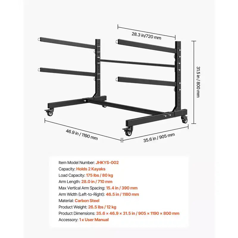 VEVOR Support de rangement pour 2 kayaks, capacité de 79 kg, support autoportant robuste et réglable avec roulettes verrouillables, noir