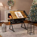 Table de Dessin à Hauteur Réglable avec Plateau Inclinable de 0 à 75°, 2 Tiroirs de Rangement, Tabouret, Bureau d'Art Polyvalent pour le Dessin, la Peinture, l'Esquisse et l'Artisanat