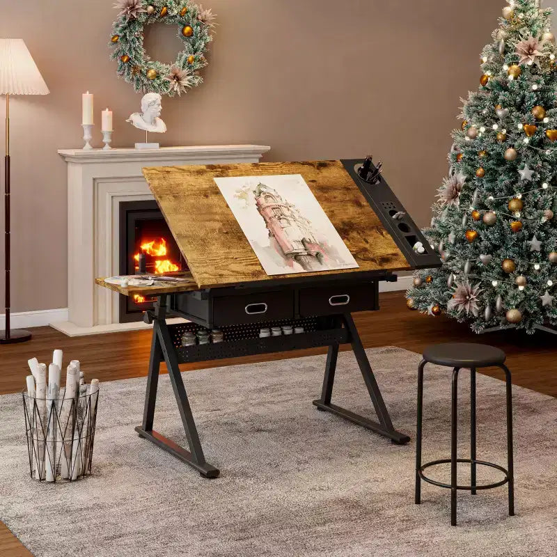 Table de Dessin à Hauteur Réglable avec Plateau Inclinable de 0 à 75°, 2 Tiroirs de Rangement, Tabouret, Bureau d'Art Polyvalent pour le Dessin, la Peinture, l'Esquisse et l'Artisanat
