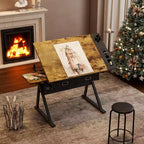 Table de Dessin à Hauteur Réglable avec Plateau Inclinable de 0 à 75°, 2 Tiroirs de Rangement, Tabouret, Bureau d'Art Polyvalent pour le Dessin, la Peinture, l'Esquisse et l'Artisanat