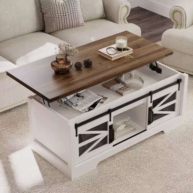 Table basse rustique de 120 cm pour ferme, table basse multifonctionnelle avec porte coulissante de grange, plateau relevable et étagère réglable