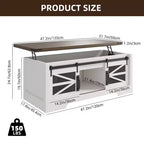 Table basse rustique de 120 cm pour ferme, table basse multifonctionnelle avec porte coulissante de grange, plateau relevable et étagère réglable