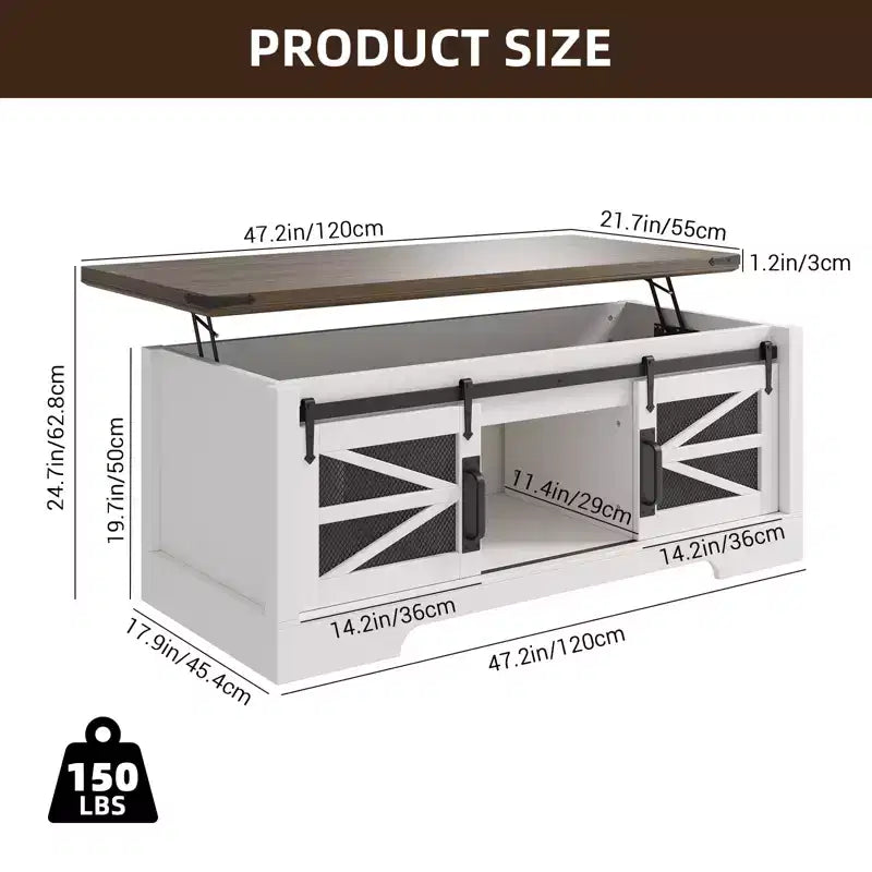 Table basse rustique de 120 cm pour ferme, table basse multifonctionnelle avec porte coulissante de grange, plateau relevable et étagère réglable