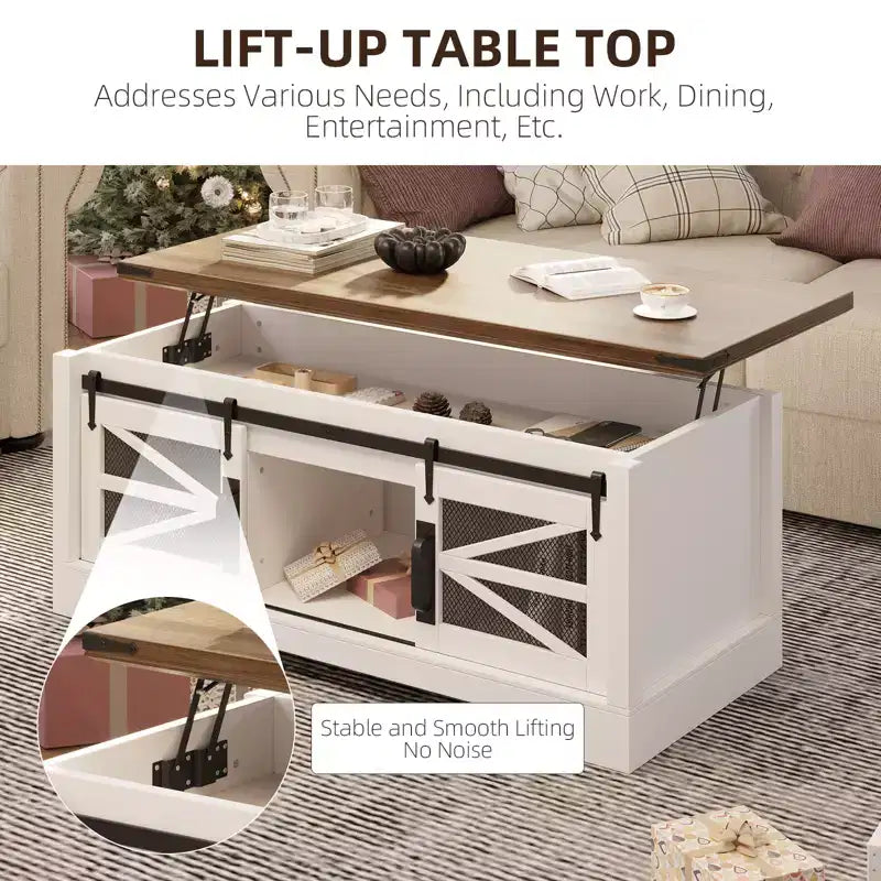 Table basse rustique de 120 cm pour ferme, table basse multifonctionnelle avec porte coulissante de grange, plateau relevable et étagère réglable