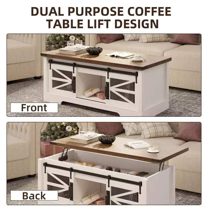 Table basse rustique de 120 cm pour ferme, table basse multifonctionnelle avec porte coulissante de grange, plateau relevable et étagère réglable