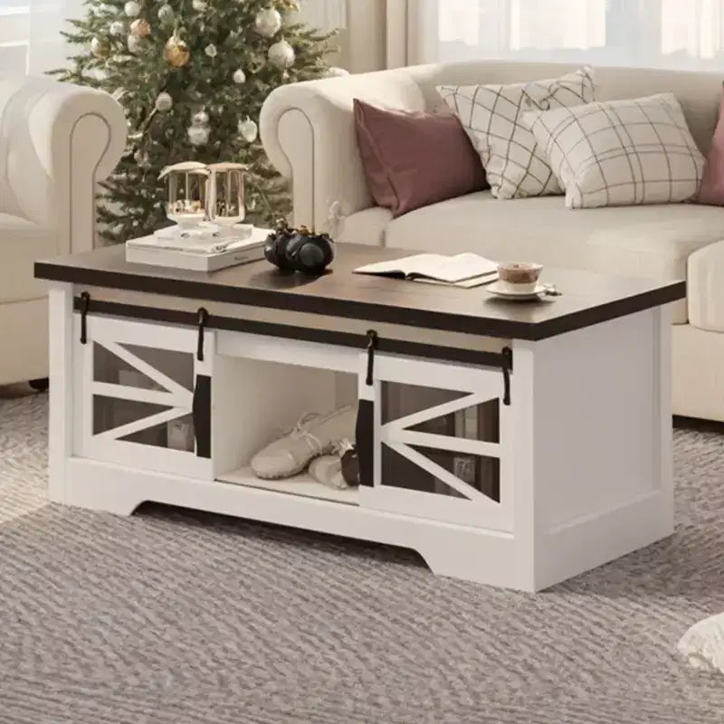 Table basse rustique de 120 cm pour ferme, table basse multifonctionnelle avec porte coulissante de grange, plateau relevable et étagère réglable