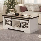 Table basse rustique de 120 cm pour ferme, table basse multifonctionnelle avec porte coulissante de grange, plateau relevable et étagère réglable