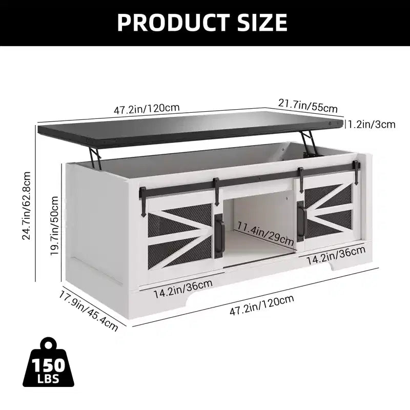 Table basse rustique de 120 cm pour ferme, table basse multifonctionnelle avec porte coulissante de grange, plateau relevable et étagère réglable