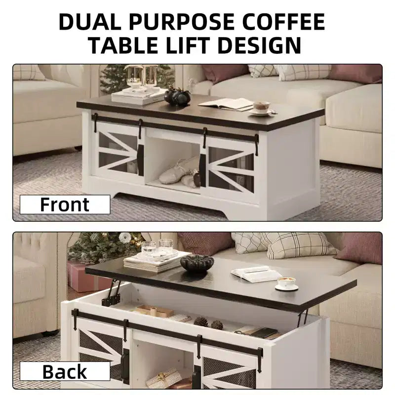 Table basse rustique de 120 cm pour ferme, table basse multifonctionnelle avec porte coulissante de grange, plateau relevable et étagère réglable