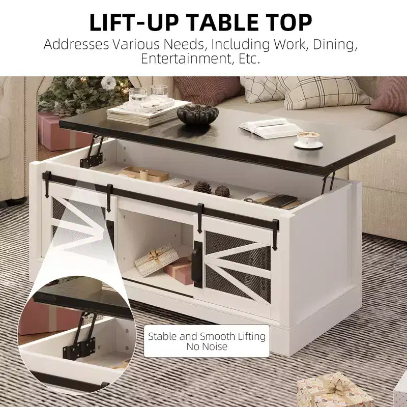 Table basse rustique de 120 cm pour ferme, table basse multifonctionnelle avec porte coulissante de grange, plateau relevable et étagère réglable