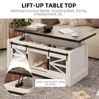 Table basse rustique de 120 cm pour ferme, table basse multifonctionnelle avec porte coulissante de grange, plateau relevable et étagère réglable