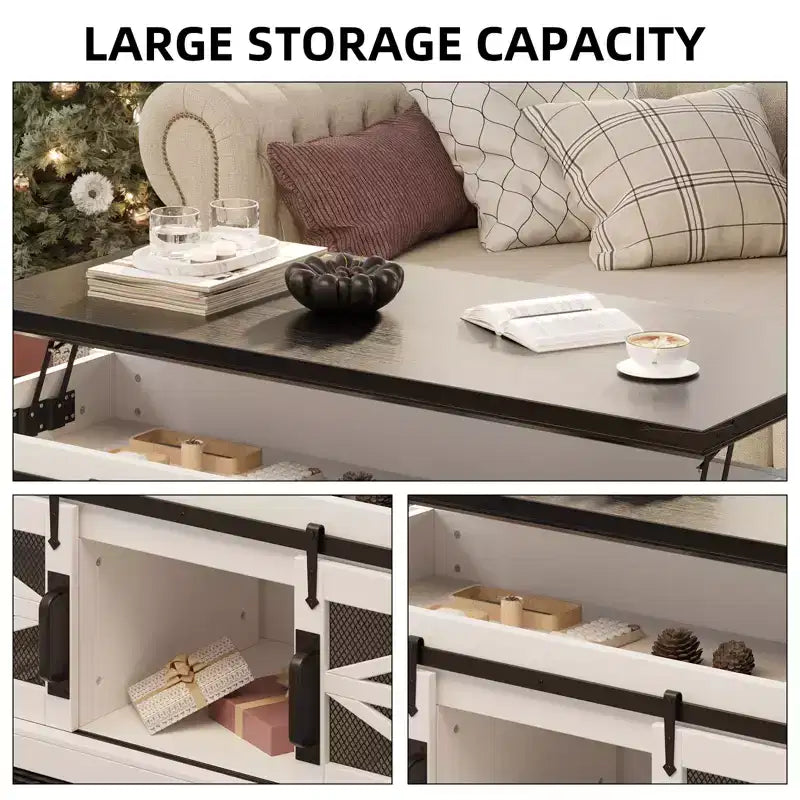 Table basse rustique de 120 cm pour ferme, table basse multifonctionnelle avec porte coulissante de grange, plateau relevable et étagère réglable