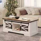 Table basse rustique de 120 cm pour ferme, table basse multifonctionnelle avec porte coulissante de grange, plateau relevable et étagère réglable