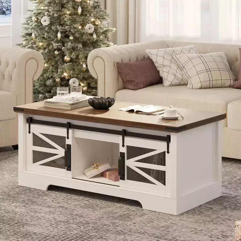 Table basse rustique de 120 cm pour ferme, table basse multifonctionnelle avec porte coulissante de grange, plateau relevable et étagère réglable