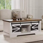 Table basse rustique de 120 cm pour ferme, table basse multifonctionnelle avec porte coulissante de grange, plateau relevable et étagère réglable