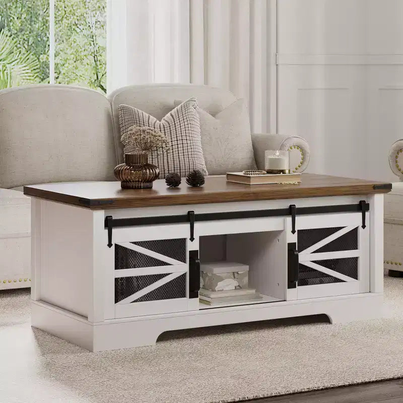 Table basse rustique de 120 cm pour ferme, table basse multifonctionnelle avec porte coulissante de grange, plateau relevable et étagère réglable