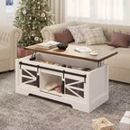 Table basse rustique de 120 cm pour ferme, table basse multifonctionnelle avec porte coulissante de grange, plateau relevable et étagère réglable
