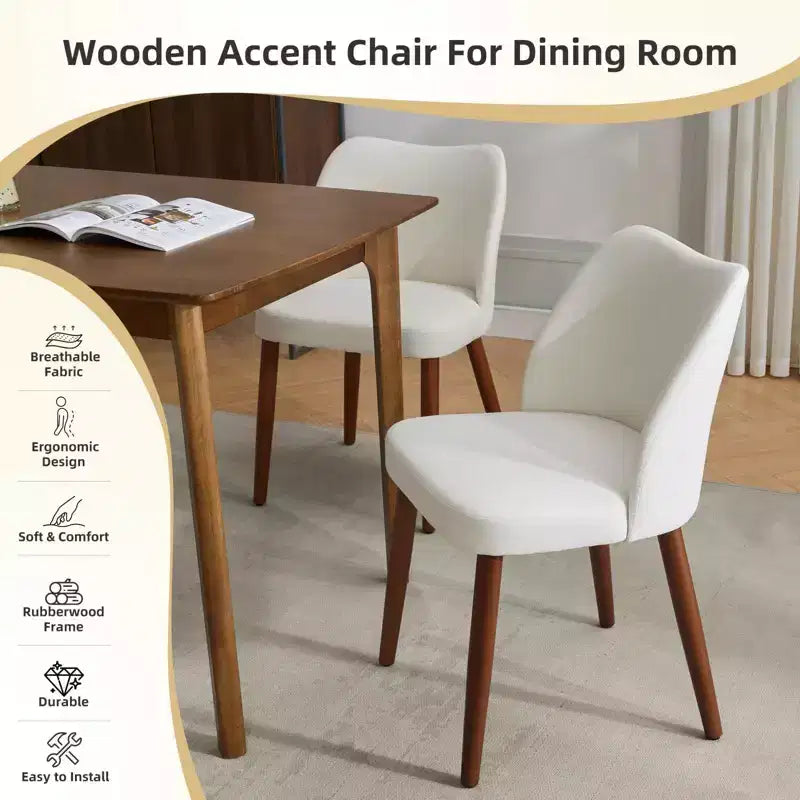 Lot de 2 chaises de salle à manger modernes rembourrées en lin avec dossier ailé et pieds en bois, sièges d'appoint confortables pour la salle à manger, la cuisine, le salon