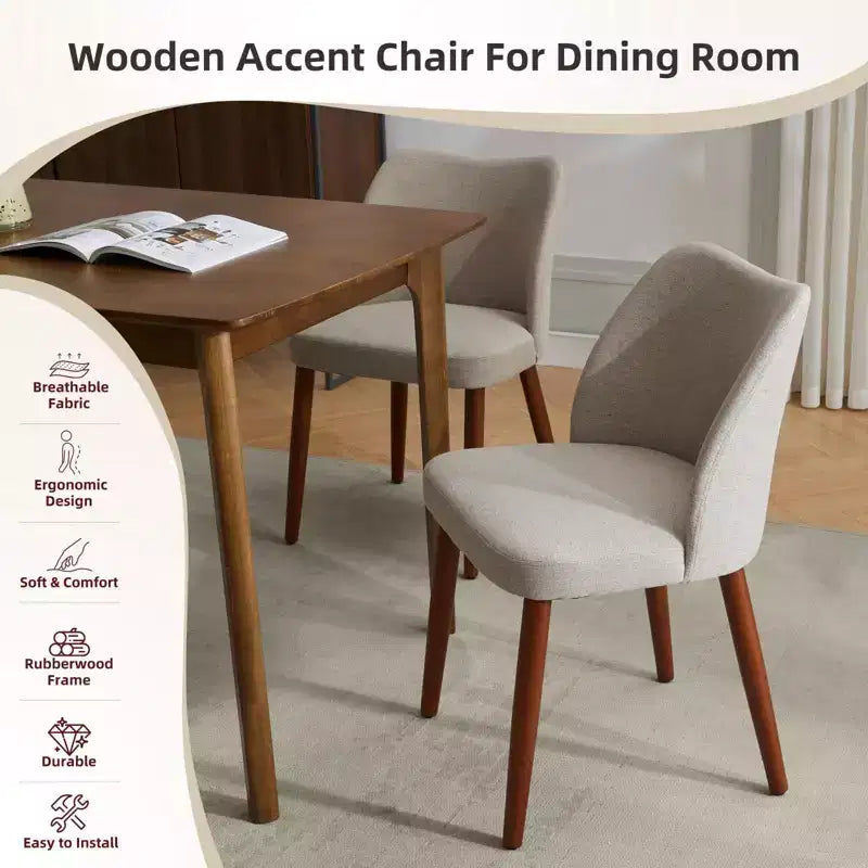 Lot de 2 chaises de salle à manger modernes rembourrées en lin avec dossier ailé et pieds en bois, sièges d'appoint confortables pour la salle à manger, la cuisine, le salon