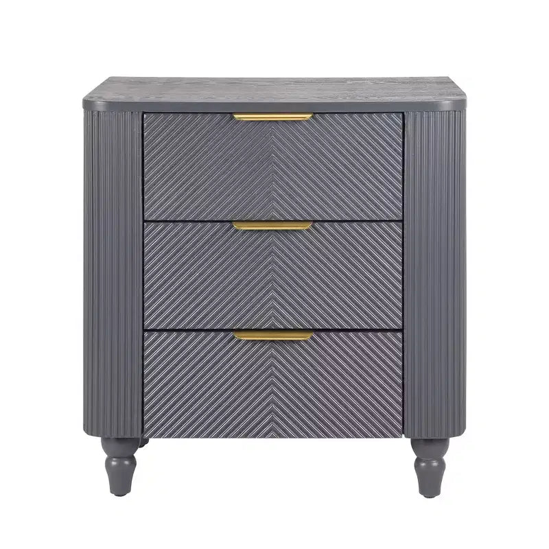 Table de chevet Whisen Modern à 3 tiroirs avec motif à rainures ondulées, pieds en forme de gourde et poignée dorée pour chambre à coucher