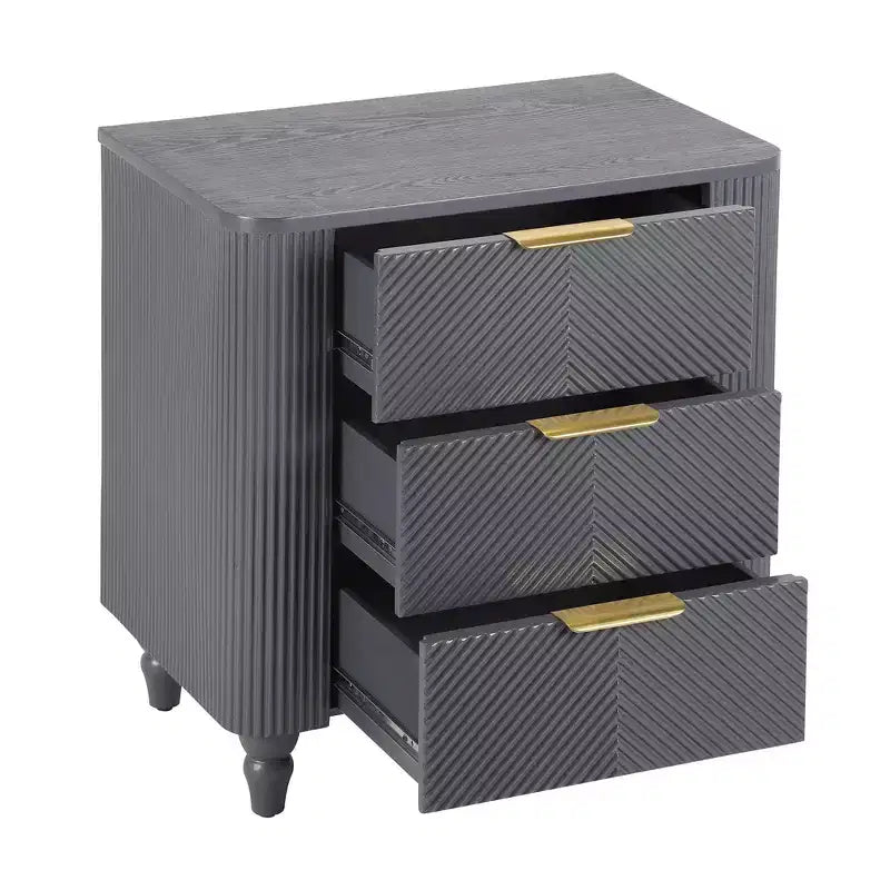 Table de chevet Whisen Modern à 3 tiroirs avec motif à rainures ondulées, pieds en forme de gourde et poignée dorée pour chambre à coucher
