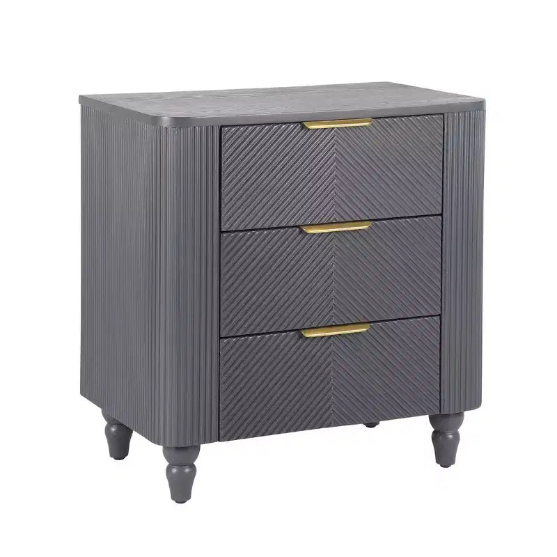 Table de chevet Whisen Modern à 3 tiroirs avec motif à rainures ondulées, pieds en forme de gourde et poignée dorée pour chambre à coucher