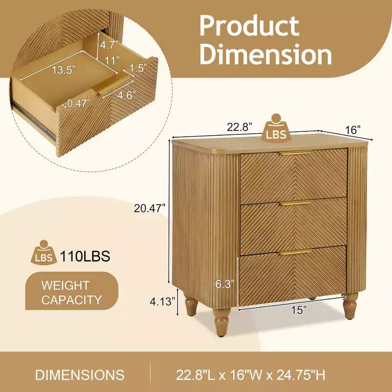 Table de chevet Whisen Modern à 3 tiroirs avec motif à rainures ondulées, pieds en forme de gourde et poignée dorée pour chambre à coucher