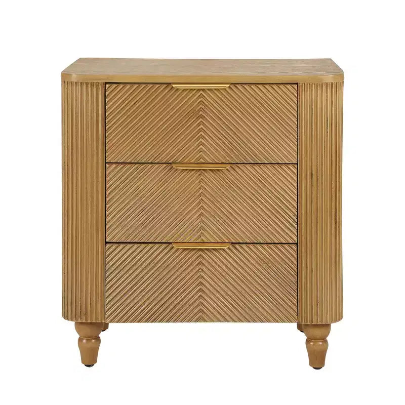 Table de chevet Whisen Modern à 3 tiroirs avec motif à rainures ondulées, pieds en forme de gourde et poignée dorée pour chambre à coucher