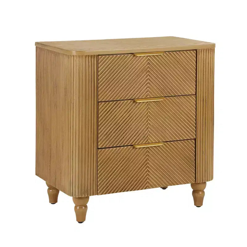 Table de chevet Whisen Modern à 3 tiroirs avec motif à rainures ondulées, pieds en forme de gourde et poignée dorée pour chambre à coucher