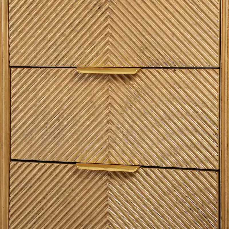 Table de chevet Whisen Modern à 3 tiroirs avec motif à rainures ondulées, pieds en forme de gourde et poignée dorée pour chambre à coucher