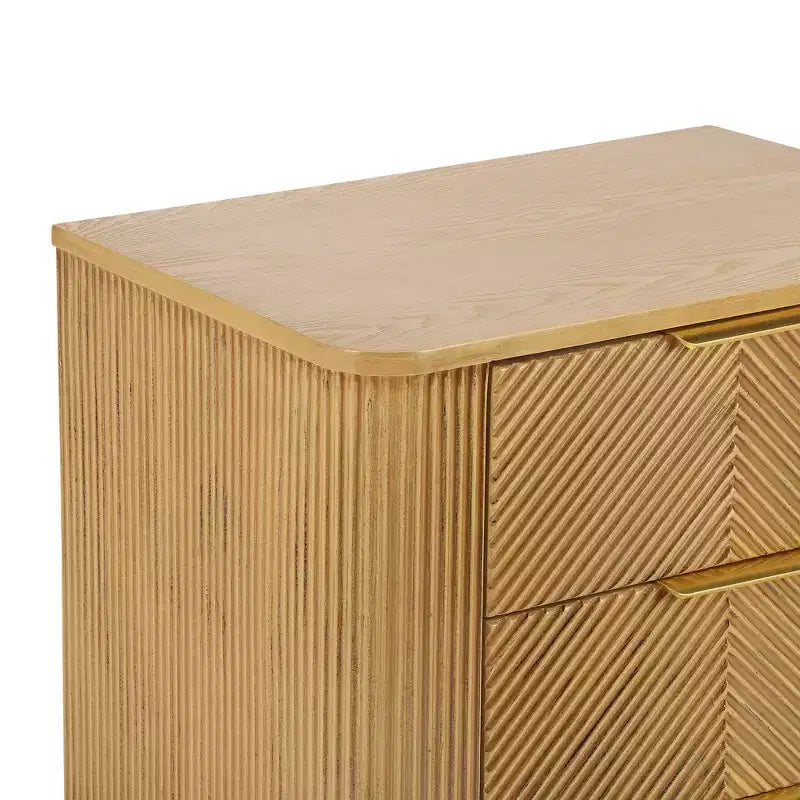 Table de chevet Whisen Modern à 3 tiroirs avec motif à rainures ondulées, pieds en forme de gourde et poignée dorée pour chambre à coucher