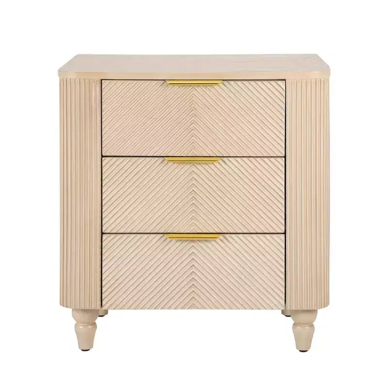 Table de chevet Whisen Modern à 3 tiroirs avec motif à rainures ondulées, pieds en forme de gourde et poignée dorée pour chambre à coucher