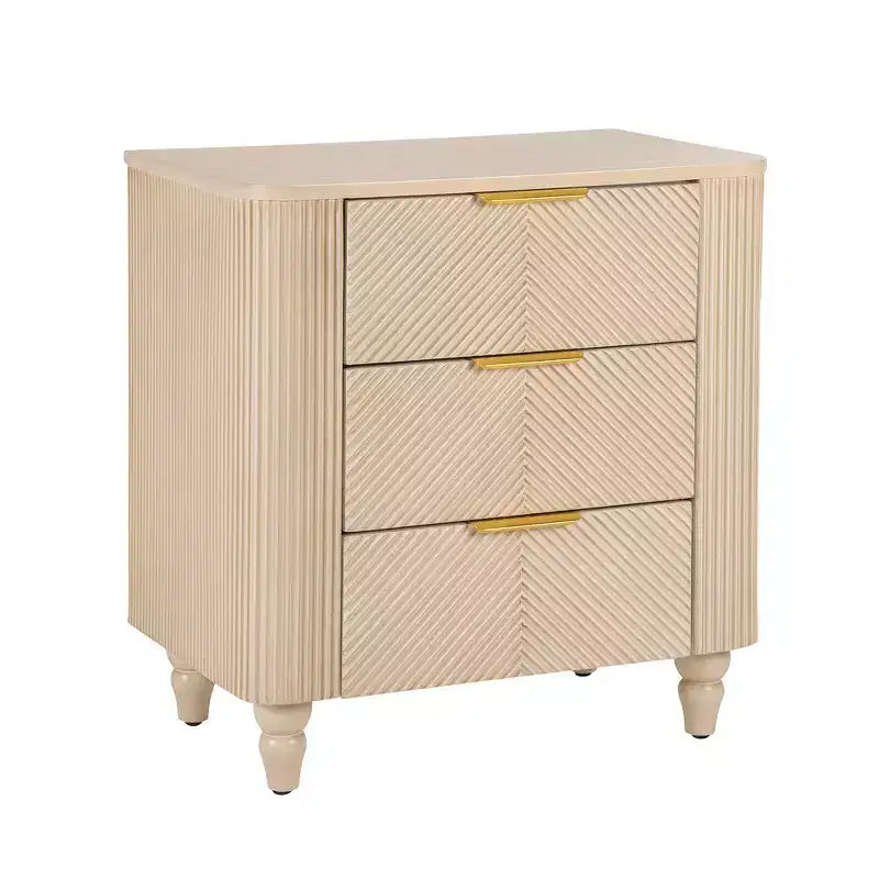 Table de chevet Whisen Modern à 3 tiroirs avec motif à rainures ondulées, pieds en forme de gourde et poignée dorée pour chambre à coucher