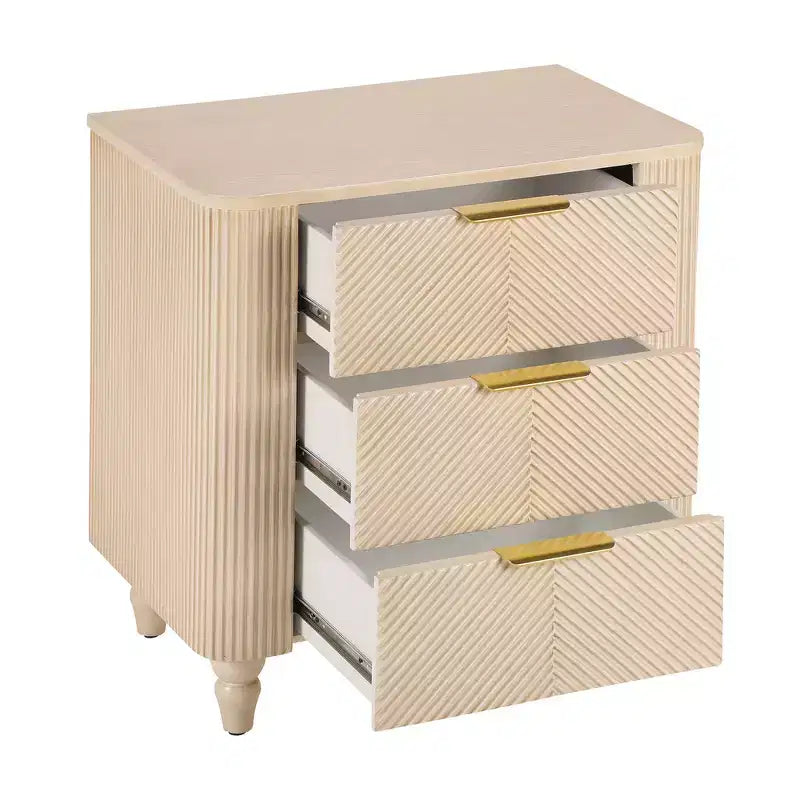 Table de chevet Whisen Modern à 3 tiroirs avec motif à rainures ondulées, pieds en forme de gourde et poignée dorée pour chambre à coucher